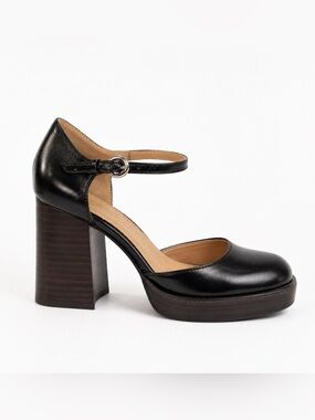 Crown Vintage Black Leather Platform Mary Jane Block Heel Pumps Women’s 7M